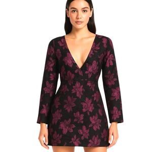 Lulus Womens Large Elegant Taste Floral Jacquard Mini Dress Black Pink NWT